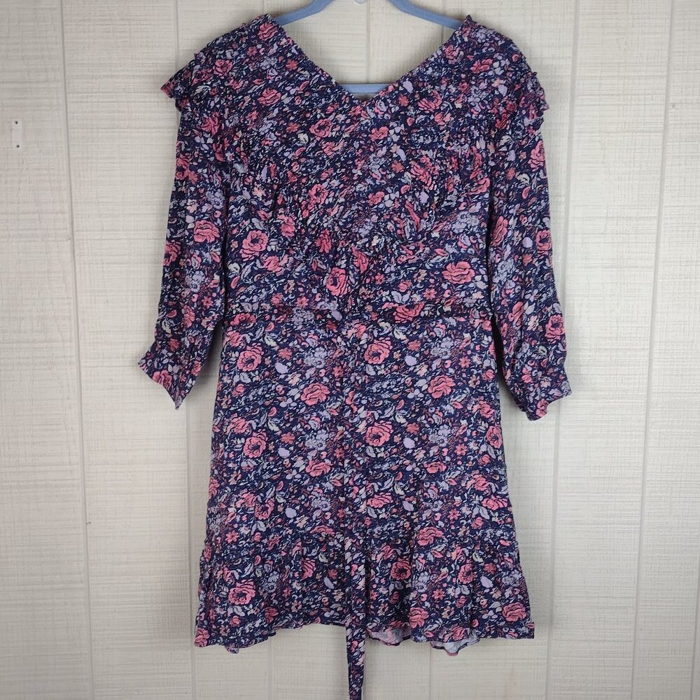 La Vie Rebecca Taylor Dress Floral Print Navy Blue Pink Long Sleeve Ruffle